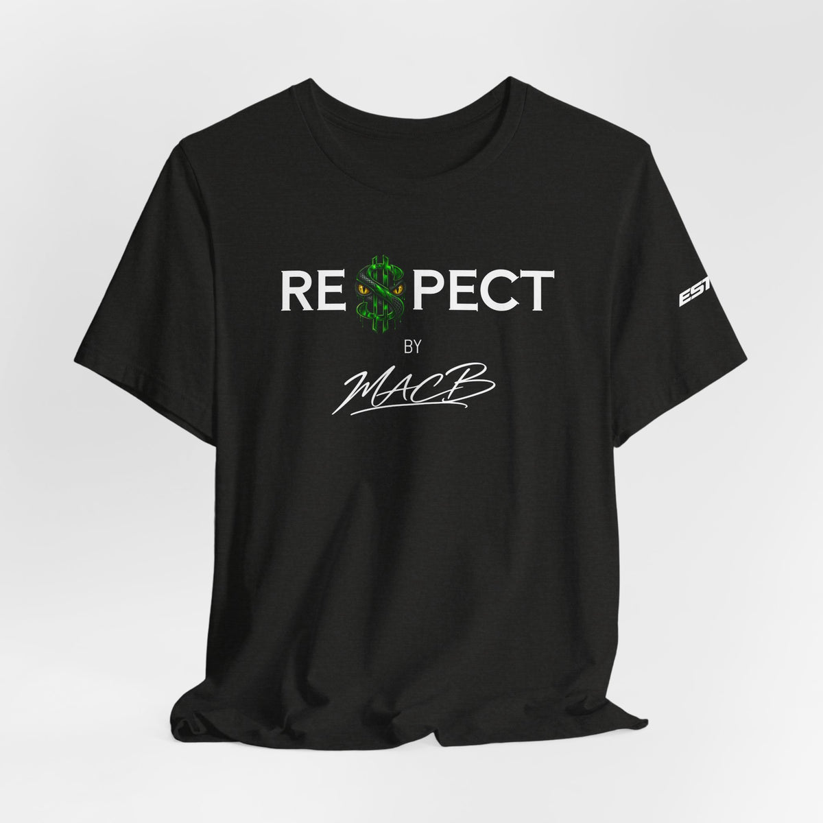 Unisex Dark color light font RESPECT BY MACB shirt