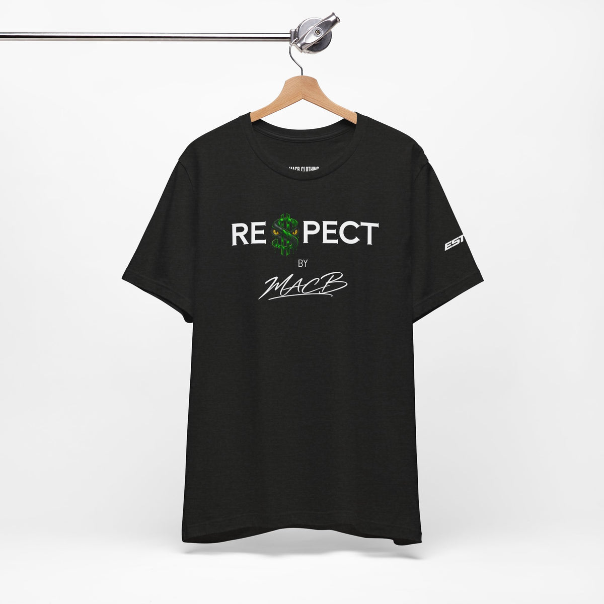 Unisex Dark color light font RESPECT BY MACB shirt